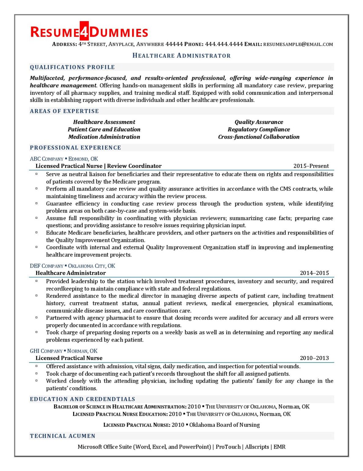 resume templates healthcare administration