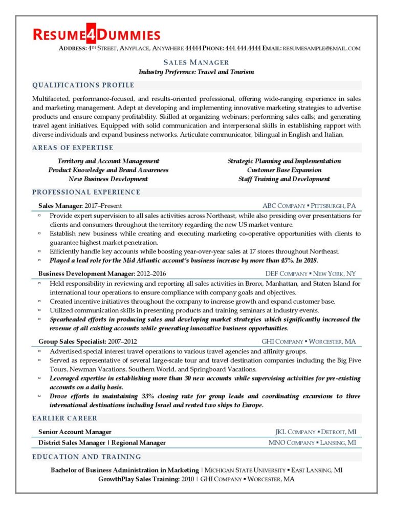 resume objective examples sales manager