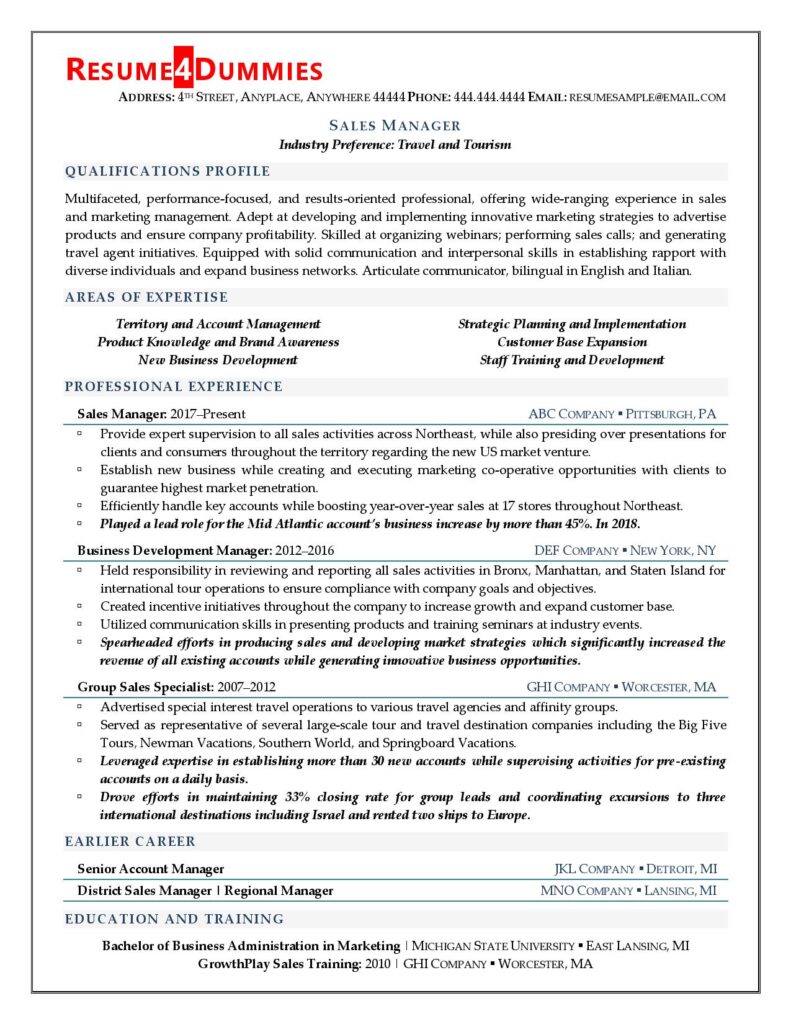 Sales manager resume examples from Resume4Dummies