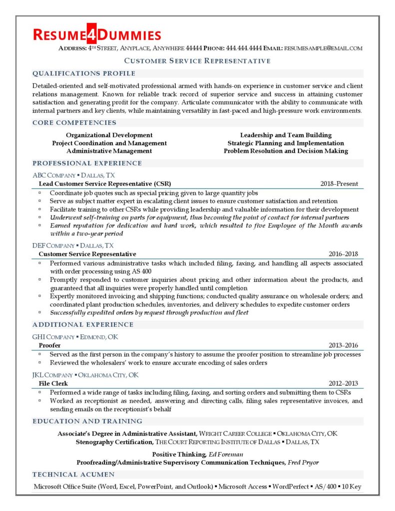 Resume4Dummies’ customer service representative resume