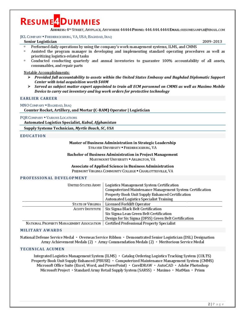 experience resume format for logistics