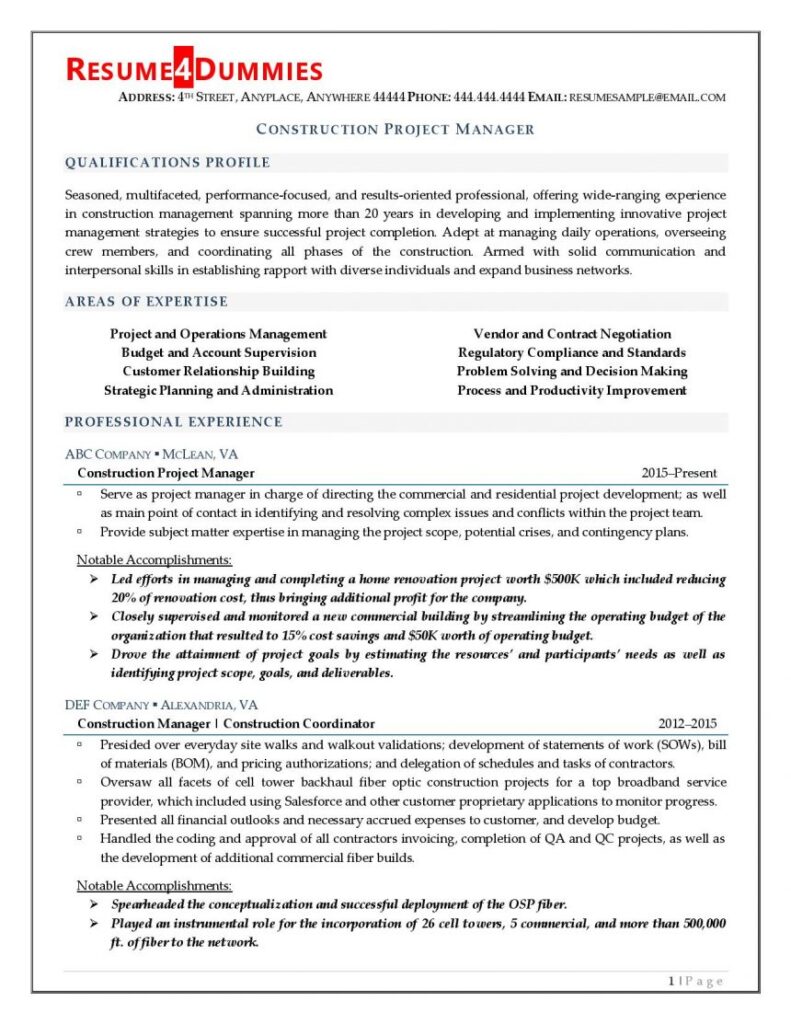 Page 1 of construction project manager resume