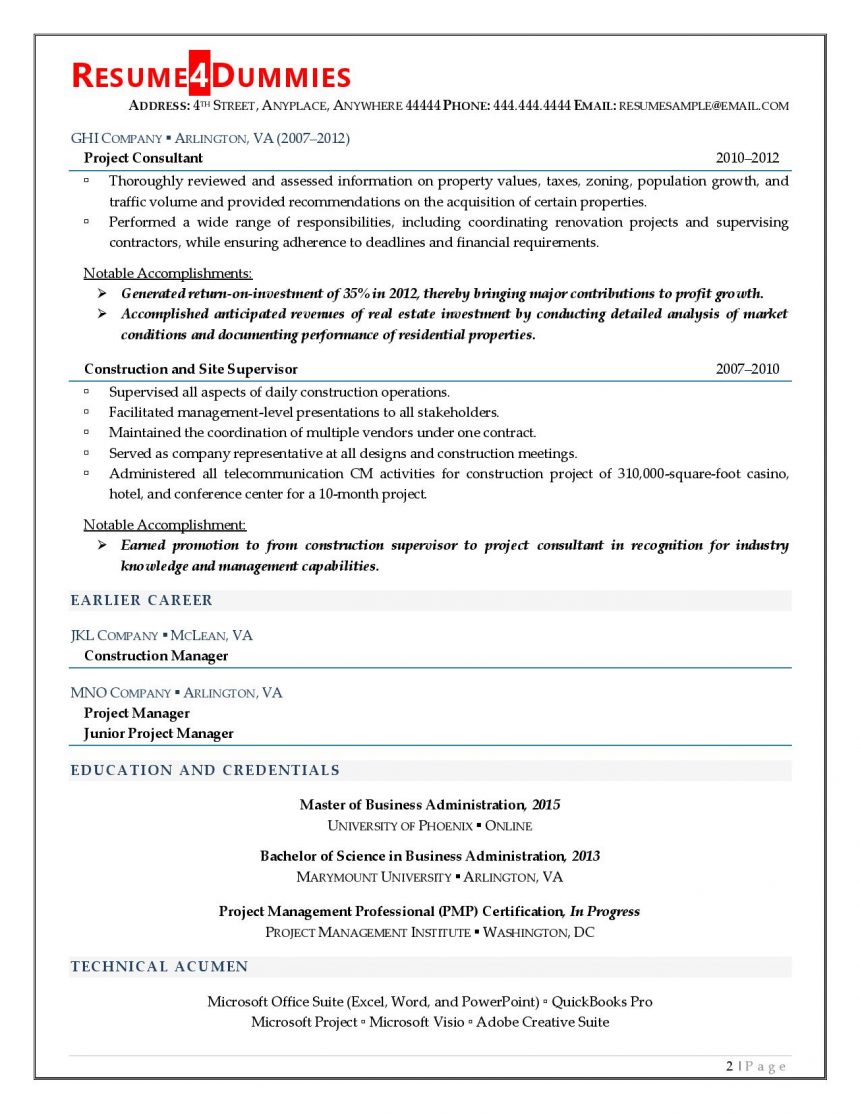 project management construction resume