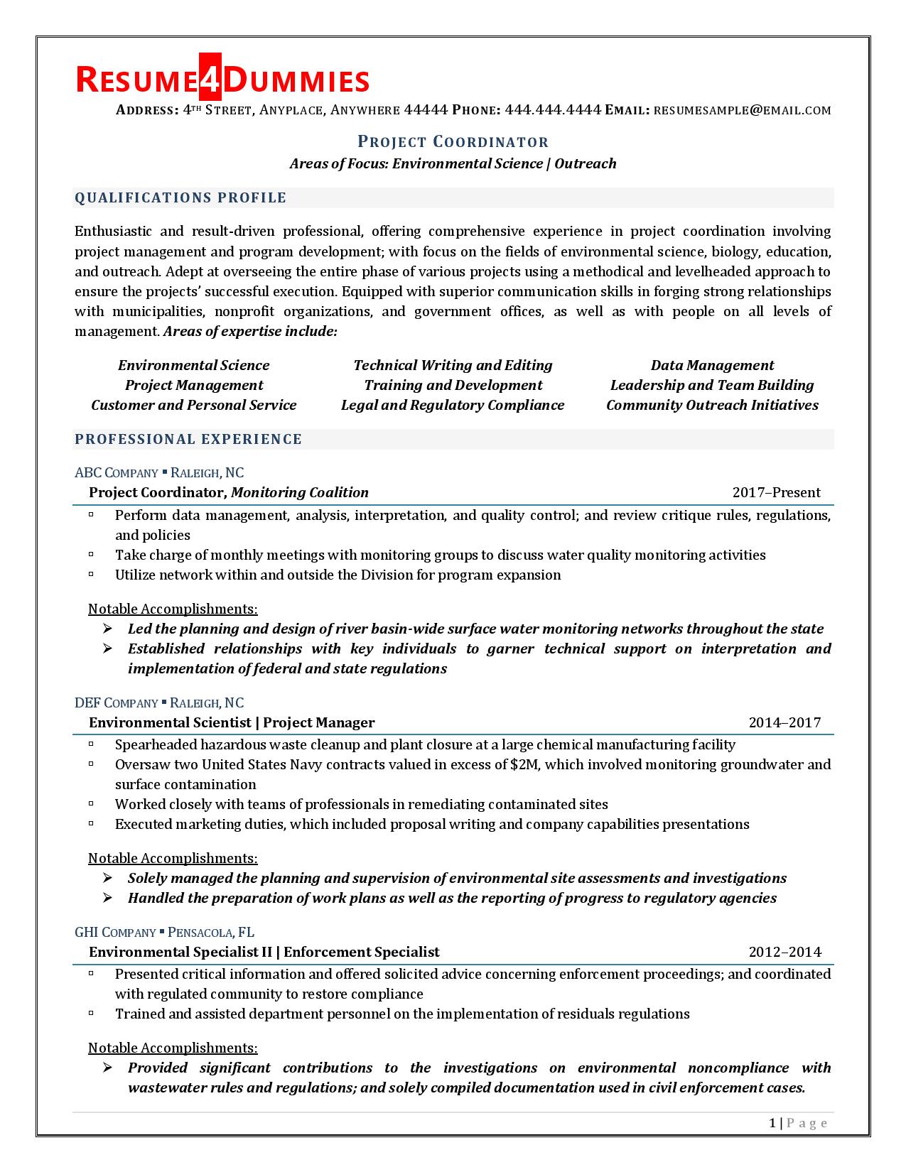 resume samples for project coordinator