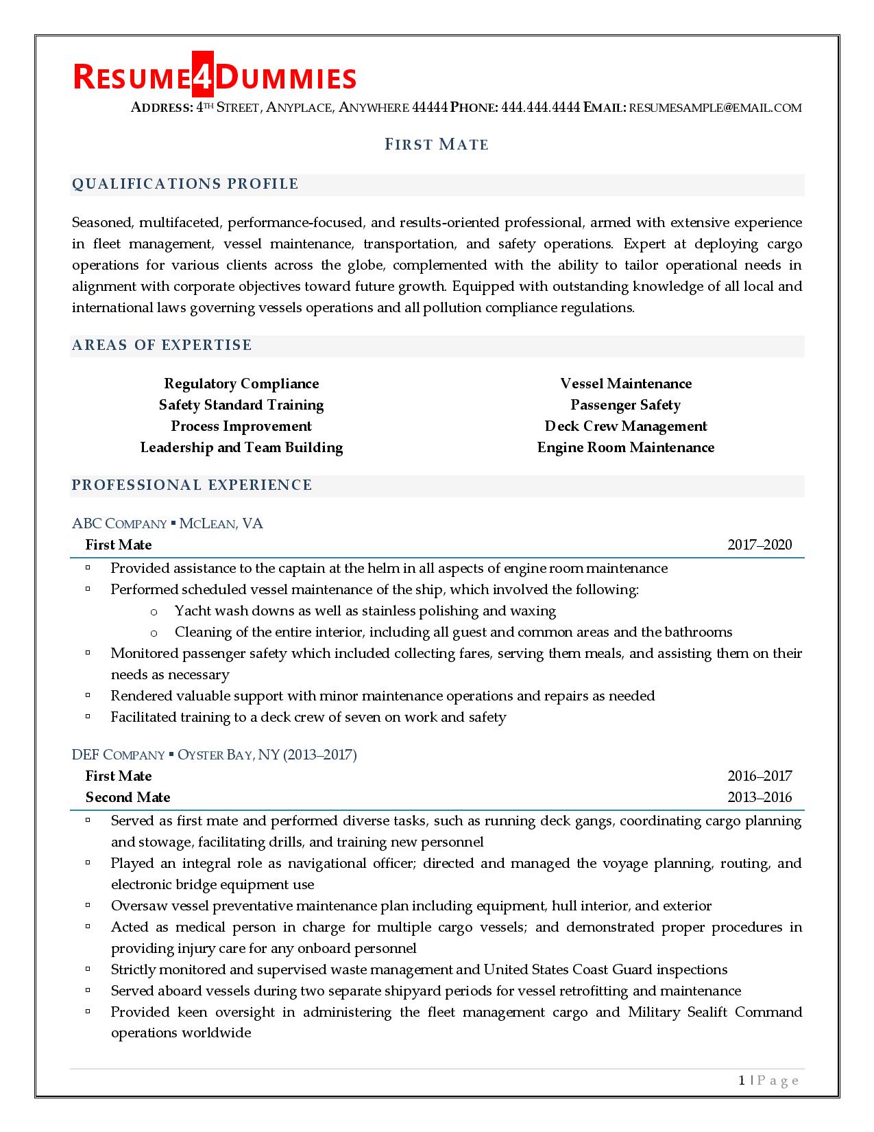 Page one of a first mate resume example