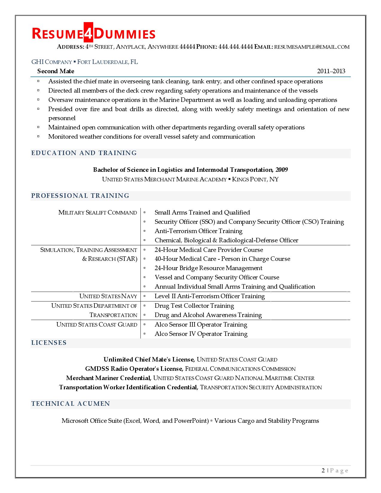 Page two of a first mate resume example