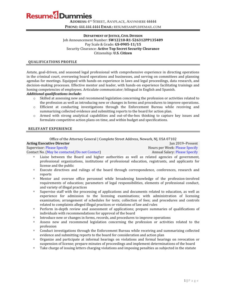 Attorney Federal Resume Example 1 Resume4Dummies