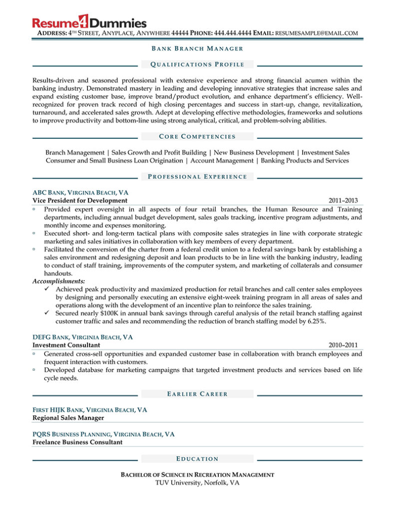 Bank Manager Resume Sample