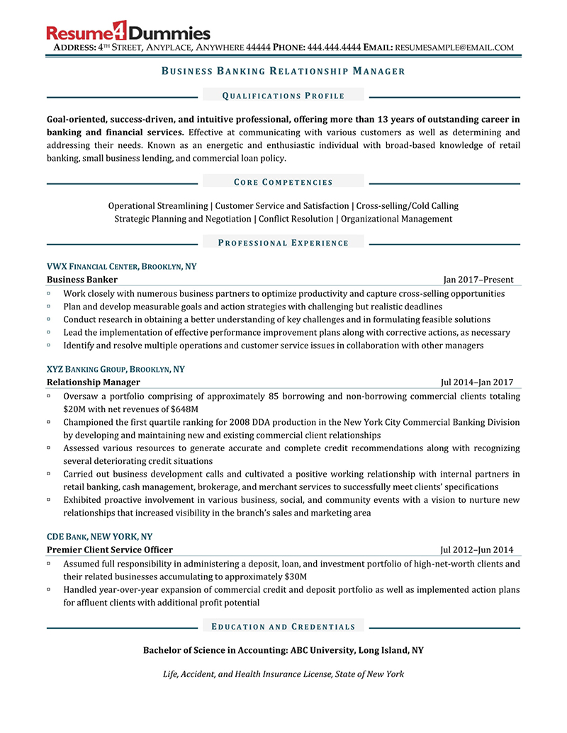 resume format banking professional