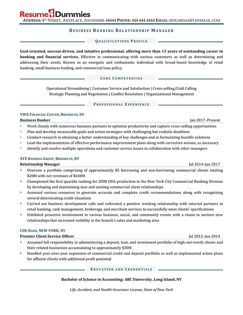 sample resume business banking relationship manager