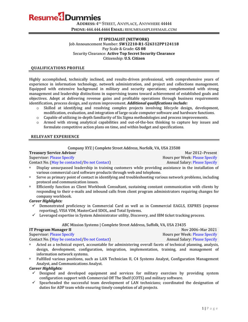 Federal Government It Specialist Resume Examples Resume Sample Federal government resume template download