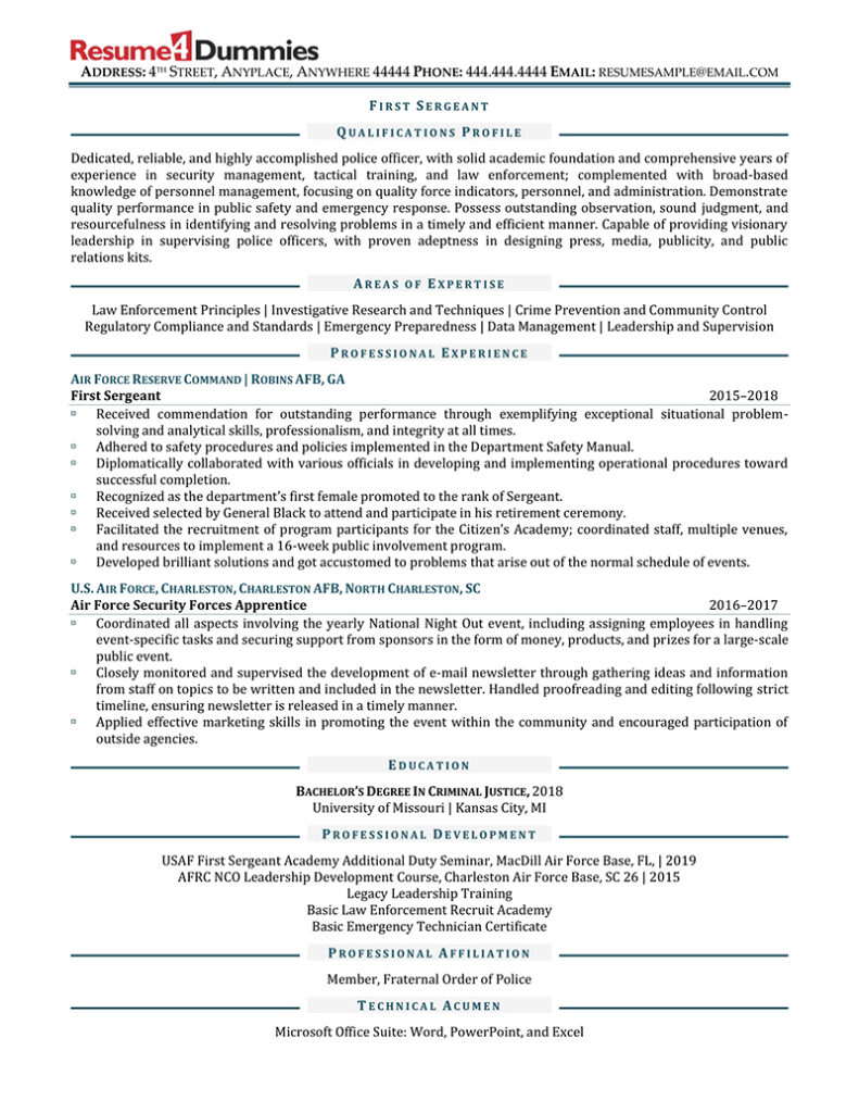 first sergeant resume example