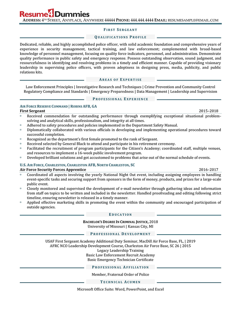 First Sergeant Resume Example 1 Resume4Dummies