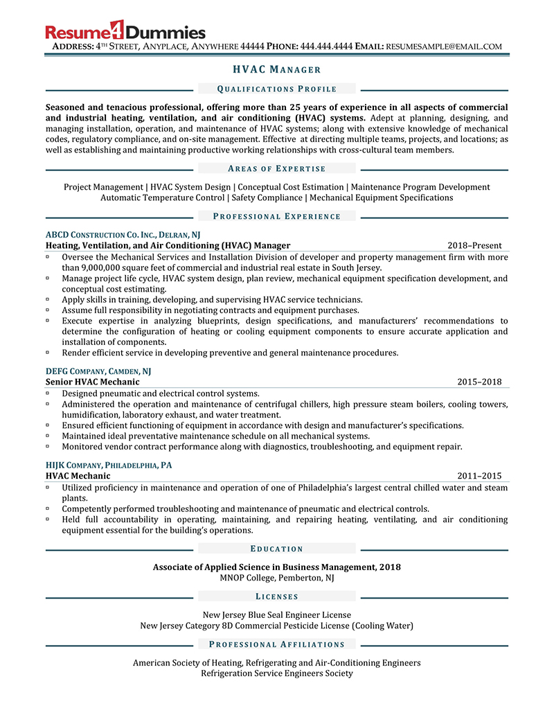 HVAC Manager Resume Examples - HVAC Manager Resume Example 1 