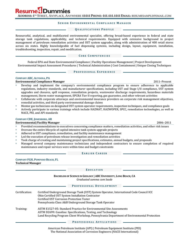 Senior environmental compliance manager resume sample