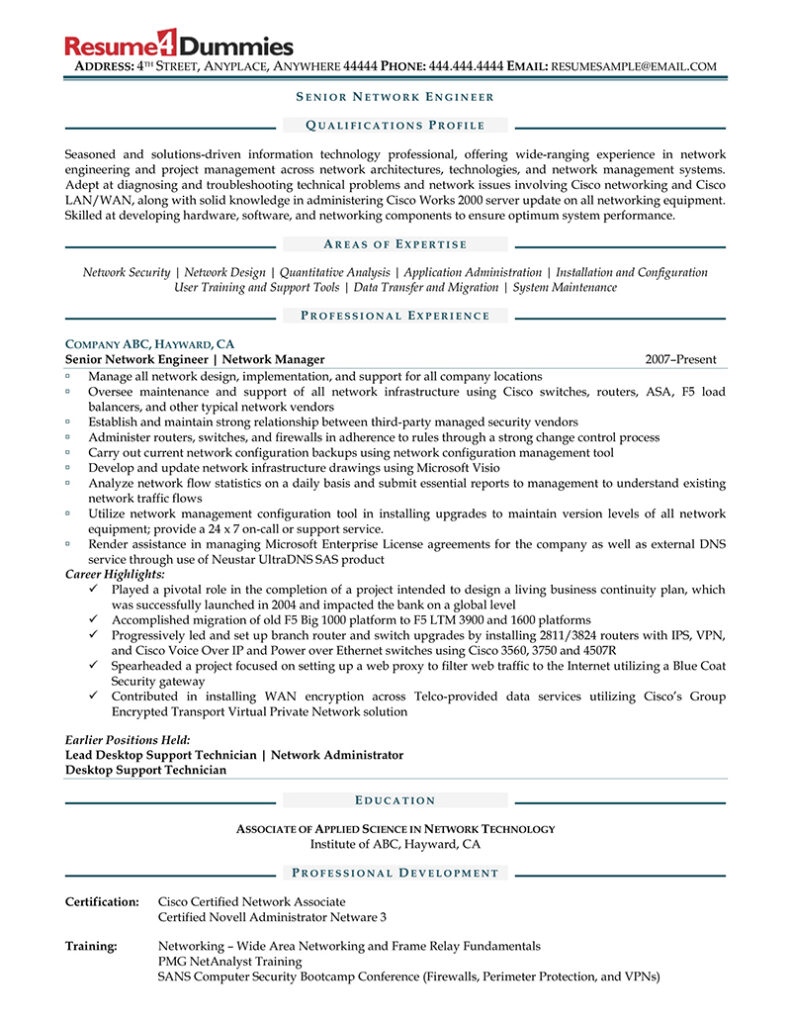 sample senior network engineer resume