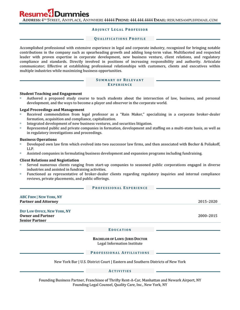 sample resume adjunct college professor