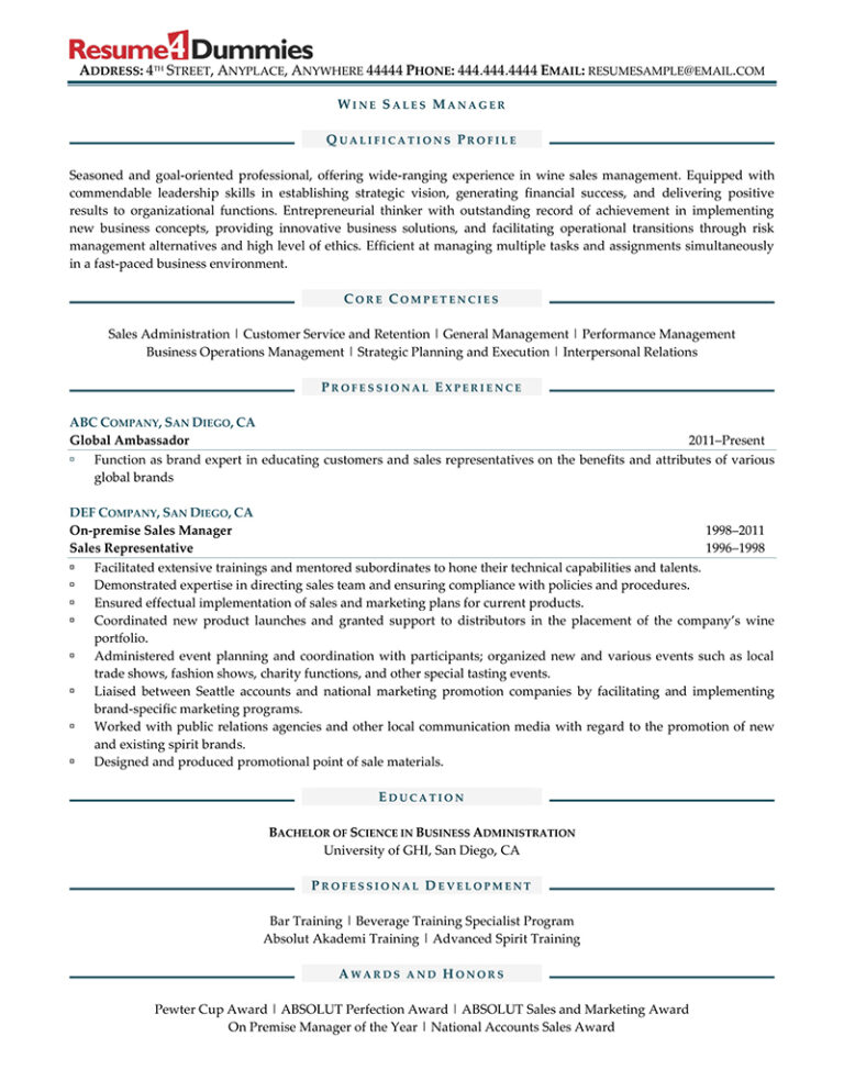 Wine Sales Manager Resume Example Resume4Dummies