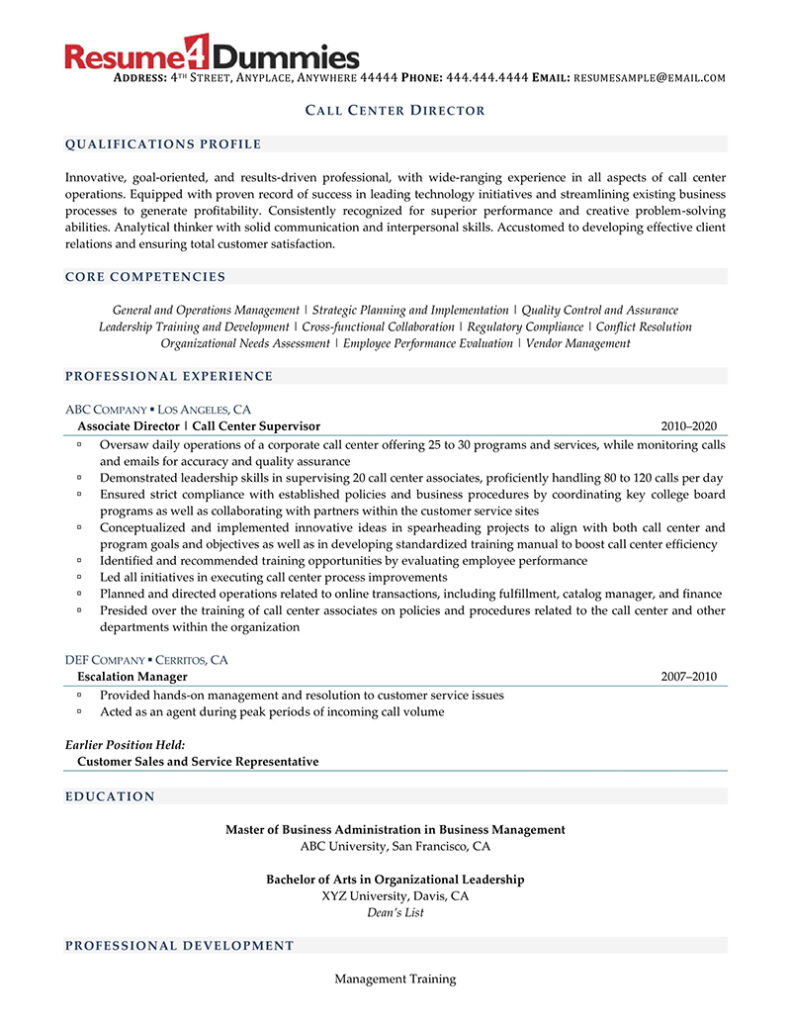 call center director resume sample provided by Resume4Dummies