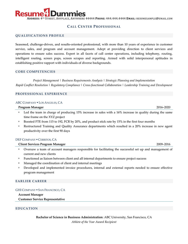 call center professional resume sample provided by Resume4Dummies