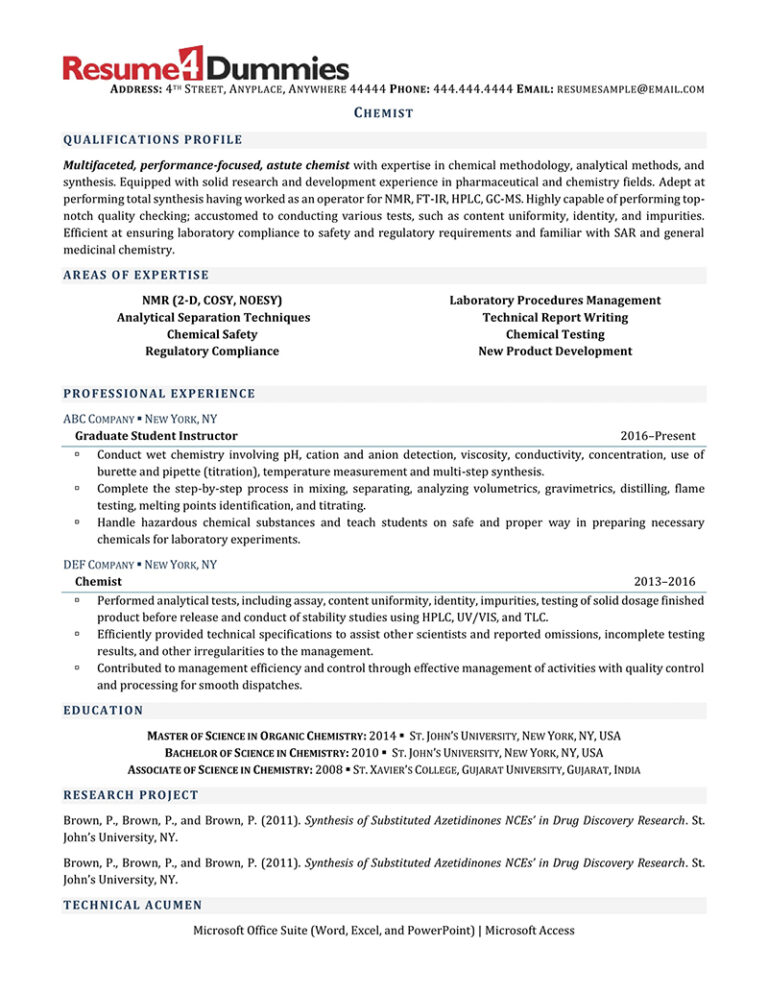 Chemist Resume Example Resume4Dummies - R4d Chemist Resume Example 1 2 768x994 