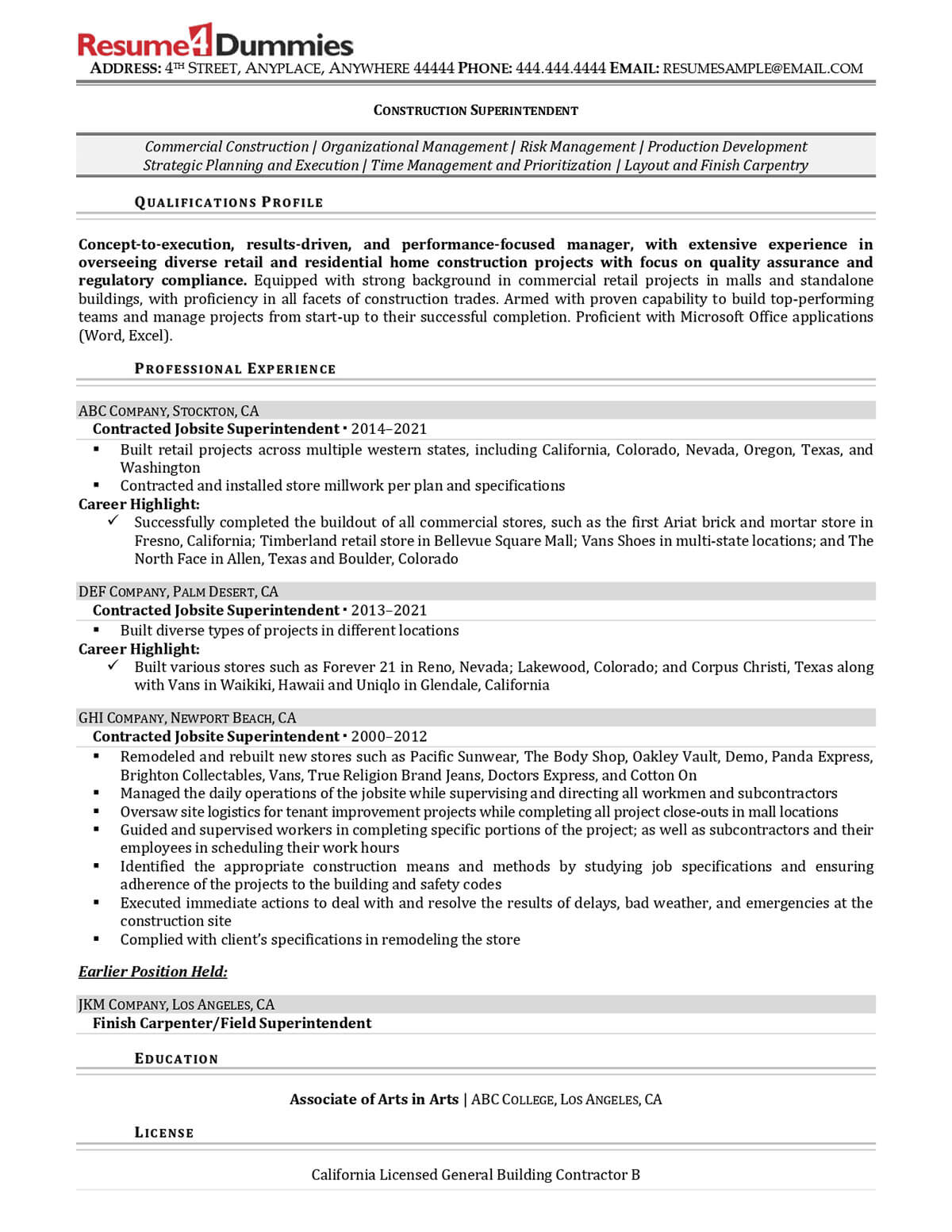 construction superintendent resume example