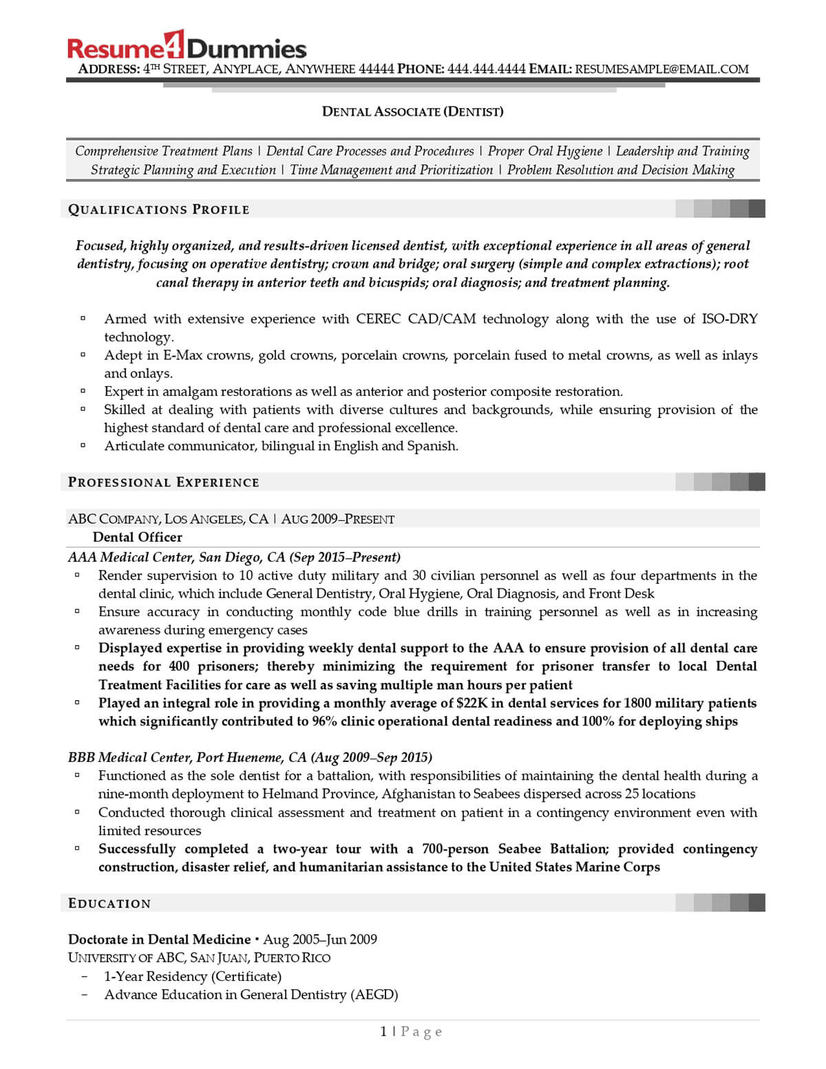 resume4 dummies dentist resume example page one