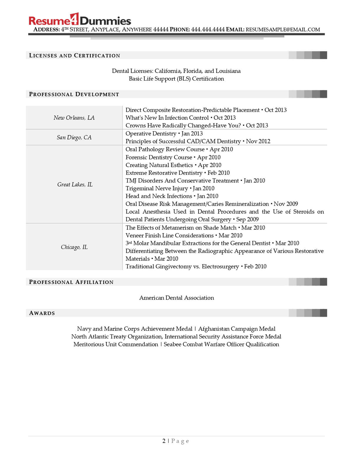 resume4 dummies dentist resume example page two
