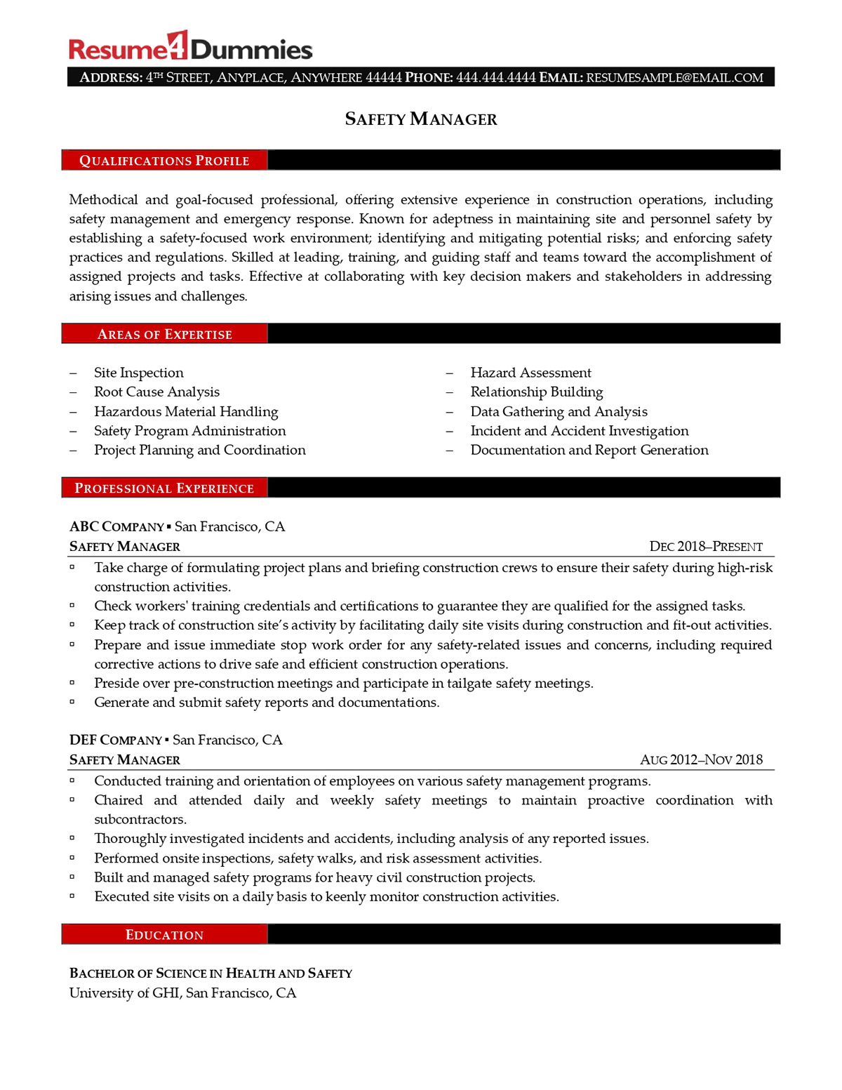 Resume4 Dummies safety manager resume example